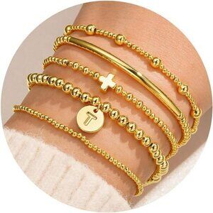 Gold bead bracelet set for women dainty layered cross charm stackable jewelry